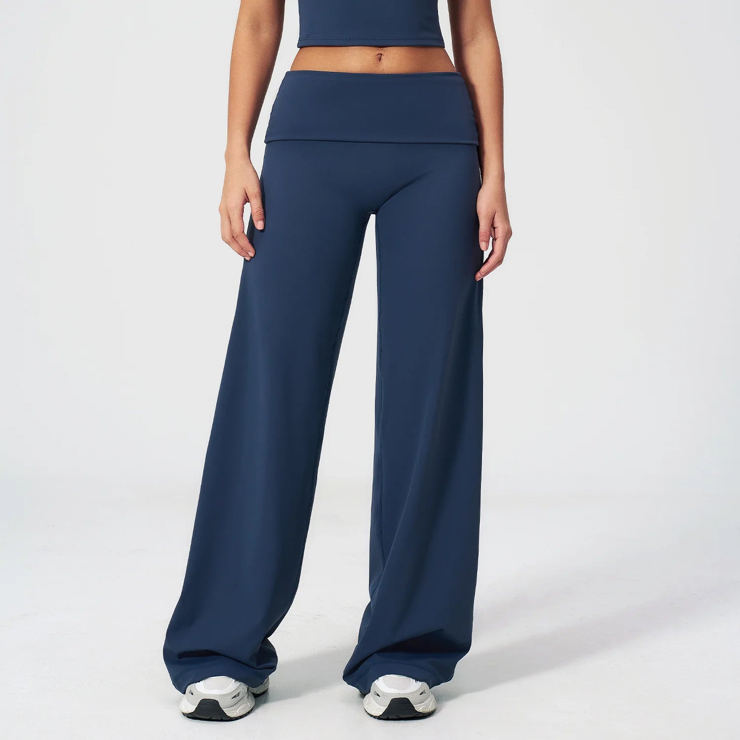 A Gym Pilates Running Workout Pants Women Low Waist Straight Leg Trousers with Fold Waist Nude Feeling Soft Yoga Underwear Qme badge blue M