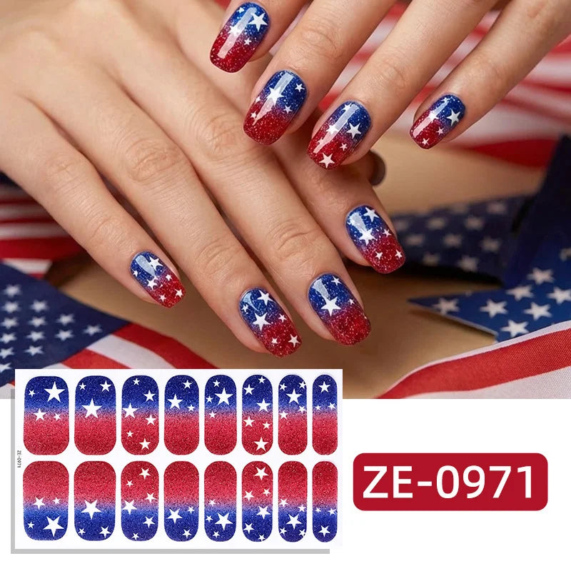 USA Flag Nail Stickers Shiny Star Glitter Design Self-adhesive Nail Decoration Independence Day Festival Nail Art Supplies Qme 0971