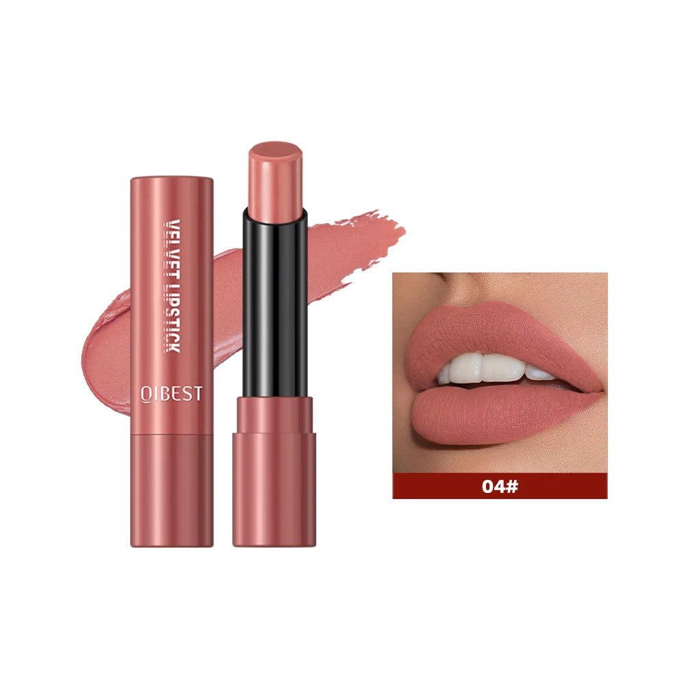QIBESTNatural Velvet Matte Lipstick Long-lasting 10 Color Lip Stain Lightweight Moisturizing Lip Balm Women Makeup New Lip Tint Qme 04