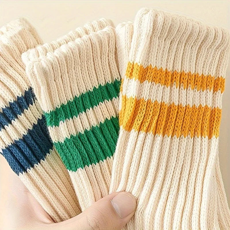 Striped Crew Socks, Casual Cotton Sport Socks for Men Women, Retro Style Qme