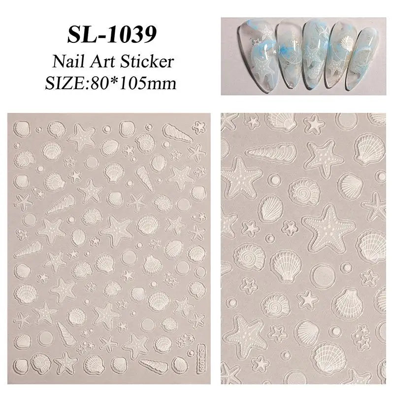 5D Embossed Nail Art Stickers Seashell Starfish Ocean Design Qme A3