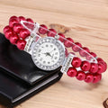 Fashionable And Versatile Exquisite Luxury Ladies’ Pearl Chain Round Dial Diamond Edge Embroider Quartz Watch Suitable For Party Qme Red