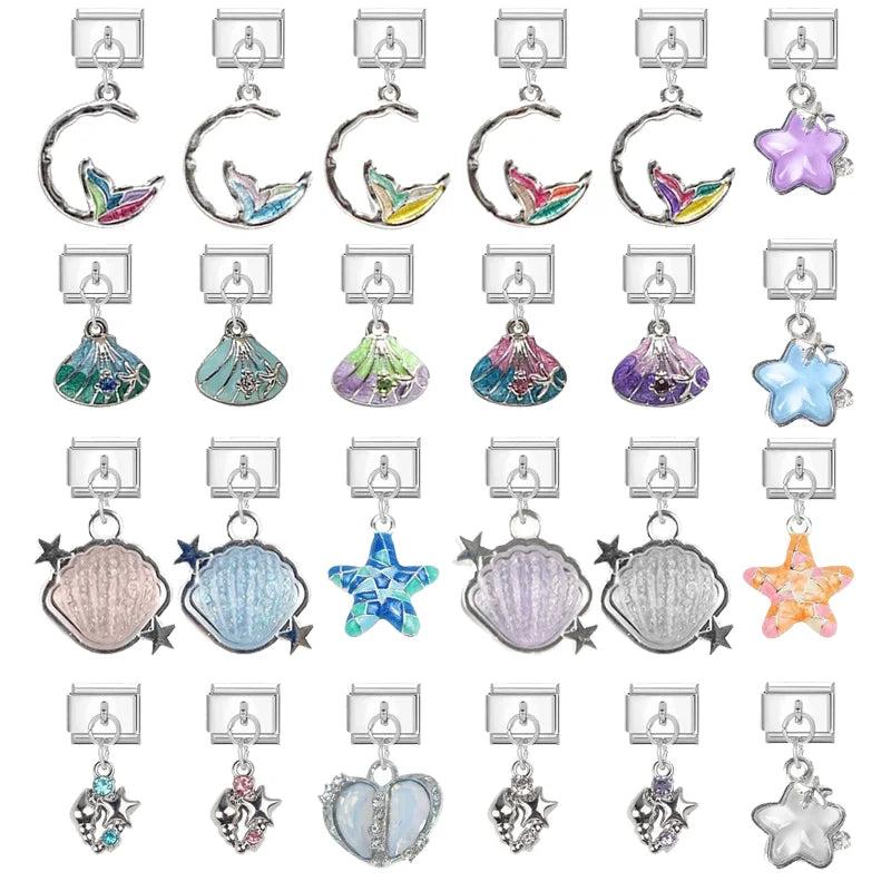 2025 Shiny Zircon Shells Starfish Conch Blue Italian Charm Links Fit 9mm Stainless Steel Bracelet Women Jewelry DIY Making Gifts Qme