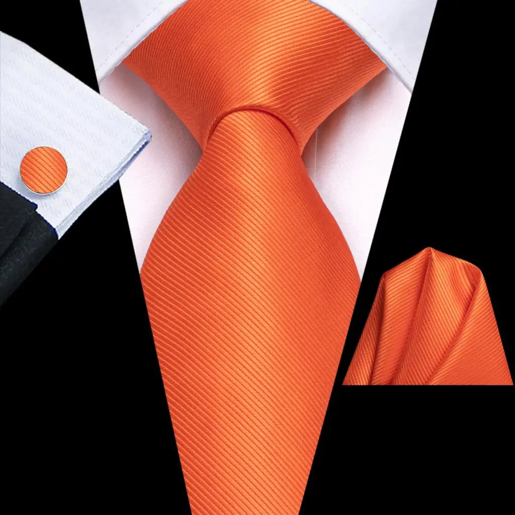 Hi-tie Solid Orange Blue Mens Fashion Necktie Handkerchief Cufflinks