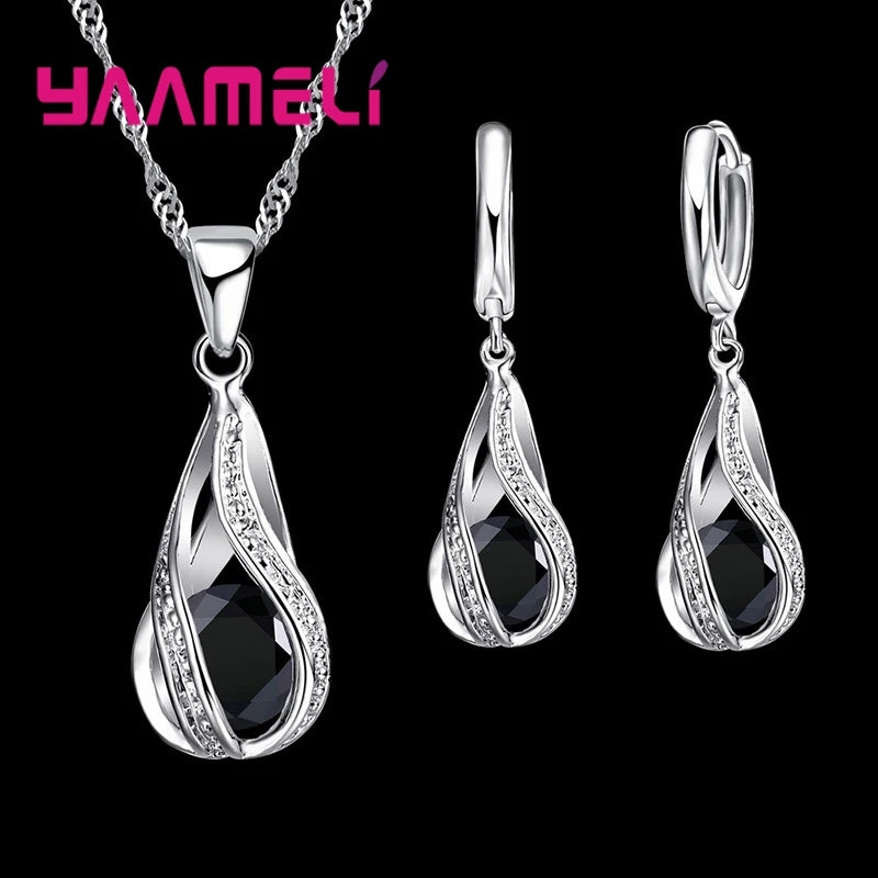 Hot Water Drop CZ 925 Sterling Silver Plated Jewelry Set For Women Pendant Necklace Hoop Earrings Wedding Party Ceremoey Anel Qme Black