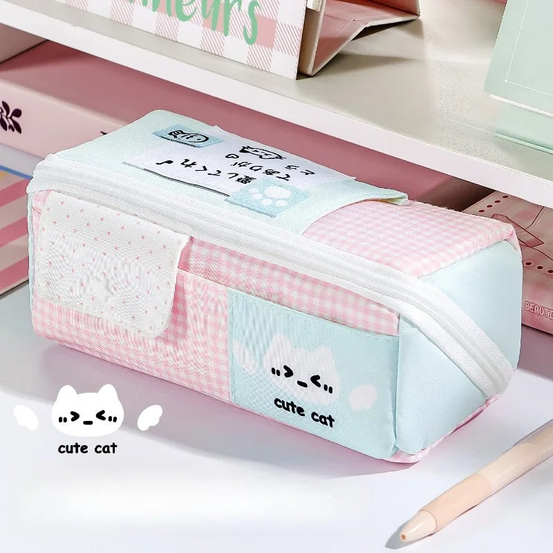 Large Capacity Cute Polka Dot Cat Pencil Case Student Pen Pouch Qme