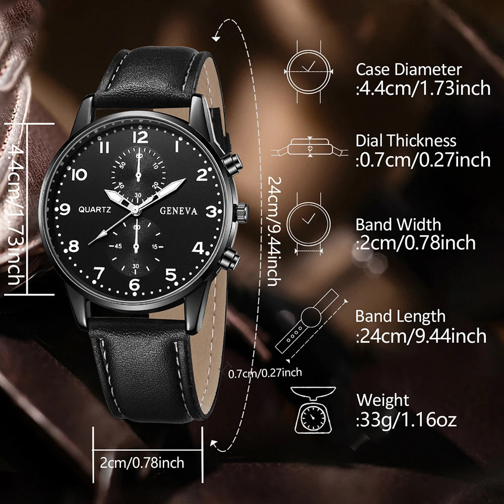 4PCS Black Men's Watch Set Business Fashion Quartz Watch Bracelet Necklace Earrings Ring Set Perfect Gift for Friends or Dad Qme