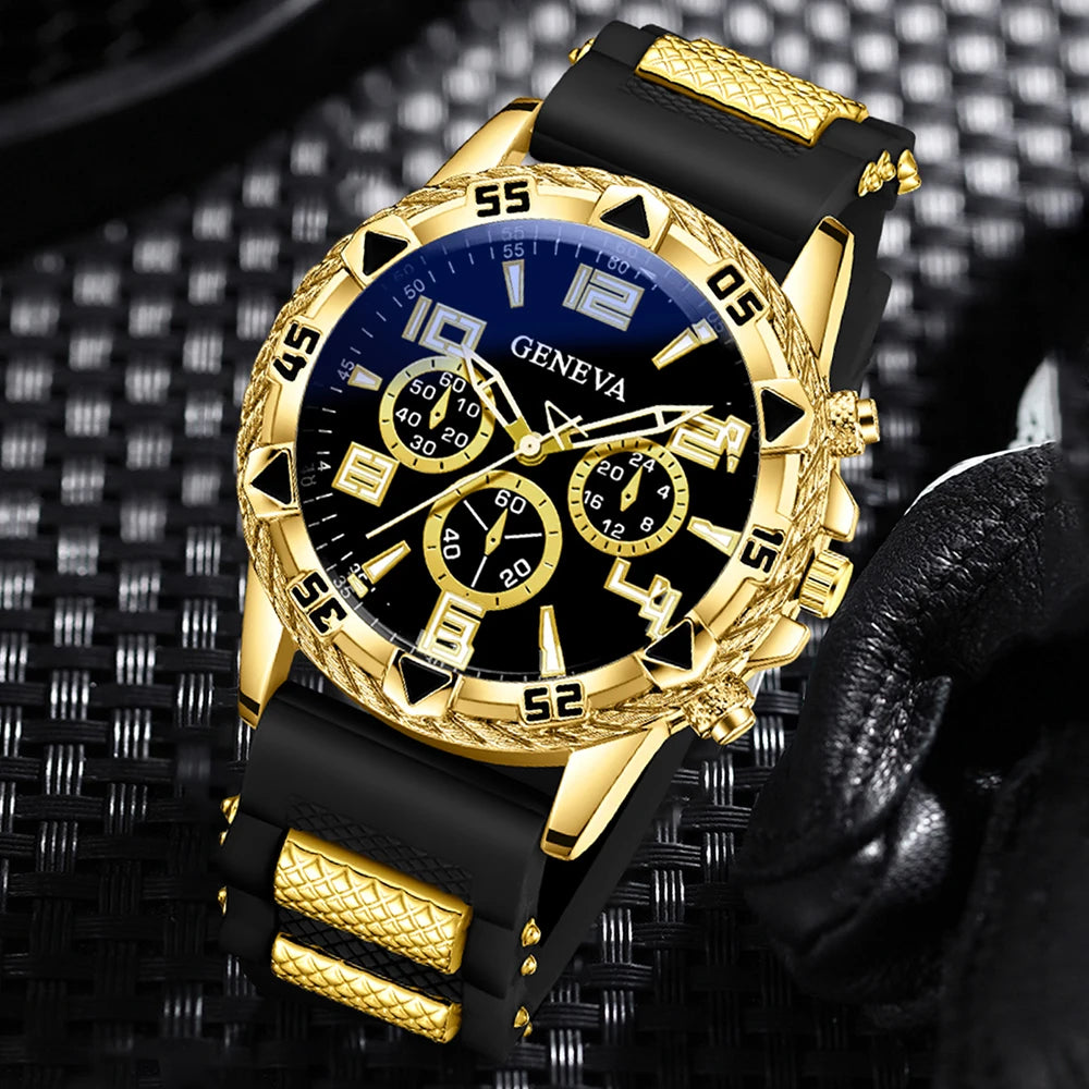 Geneva Black Gold Tape Three Eye Men's Sports Watch Cuban Bracelet Cross Necklace Fried Dough Twists Ring Set of Four Qme