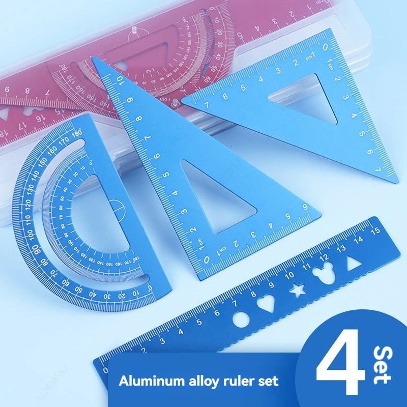 4 In 1 Aluminum Alloy Ruler Stationery Set Aluminum Alloy Multifunctional Combination Ruler for Drawing Ruler Set Qme