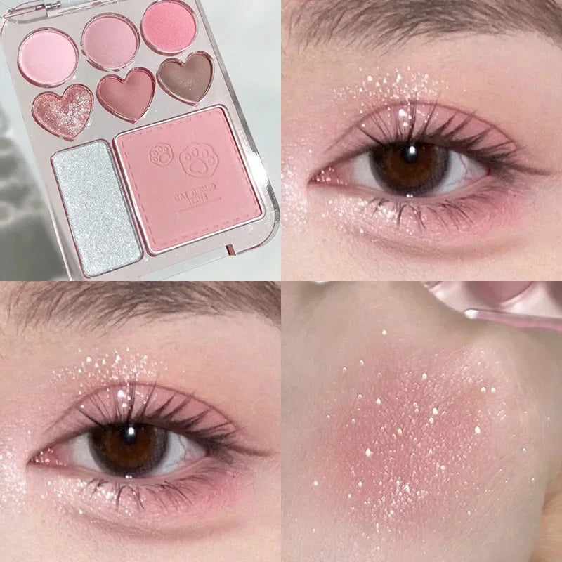 8-color Love Heart Eyeshadow Palette Pearly Glitter Shiny Highlighter Shadow Shimmer Gray Pink Blush Eyeshadow Brighten Make Up Qme 01