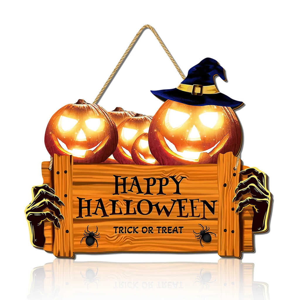 Halloween Wooden Wall Hanging Sign - "Happy Halloween Trick or Treat" Jack Pumpkin Skeleton Hand Decoration, Halloween decorate Qme YX0202