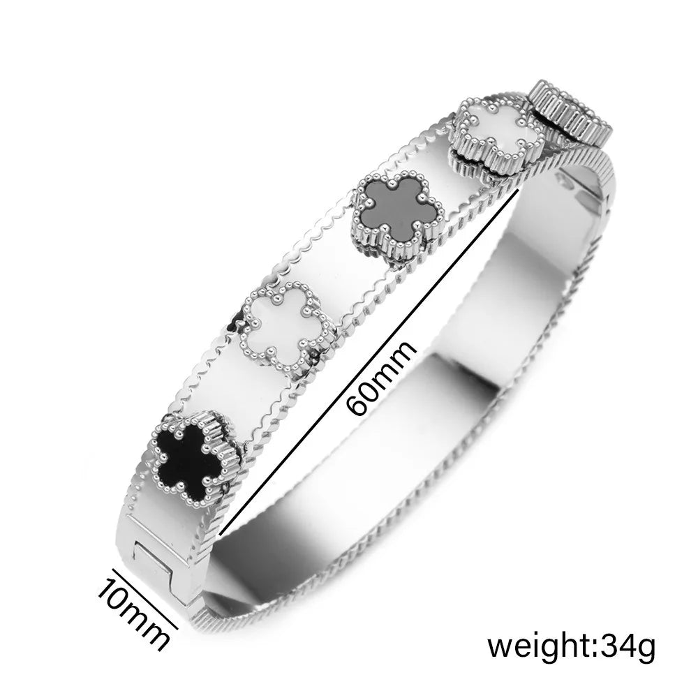 Unisex Gold/Silver Classic Stainless Steel Laser Five-Leaf Flower Open Bracelet & Bangles Simple For Woman Party Jewelry Clover Qme Silver 1