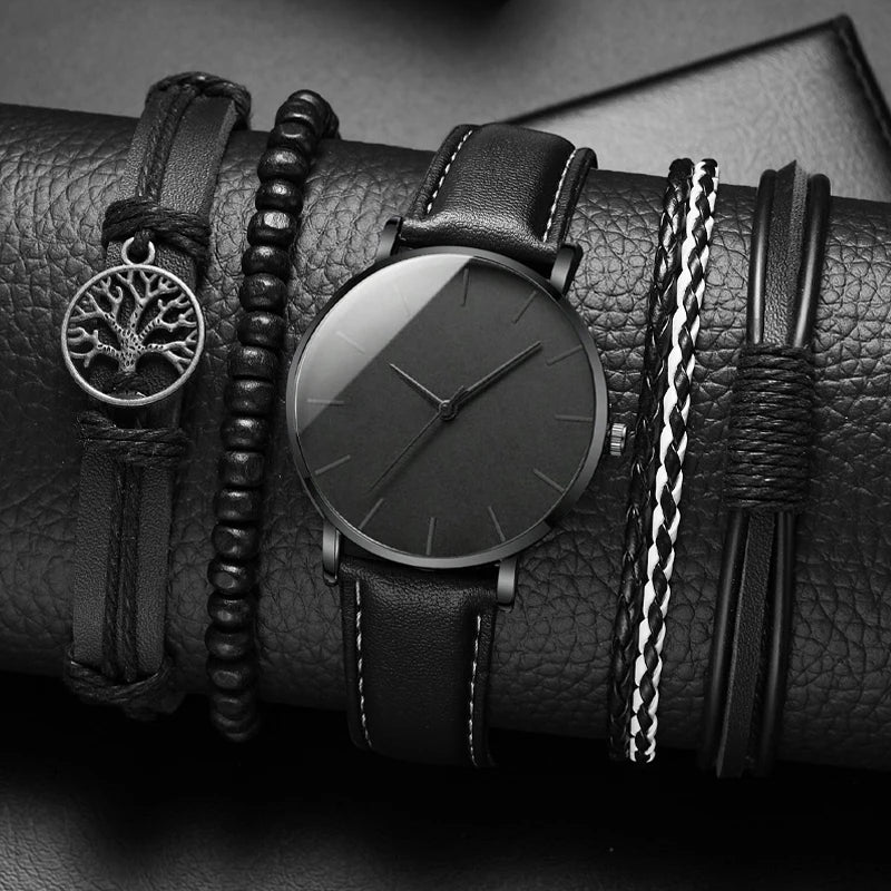 GENEVA Three-Hand Chronograph Men's Watch Business Black Leather Quartz Watch + Woven Bracelet Bullet Necklace Two-Piece Set Qme G Set No Box