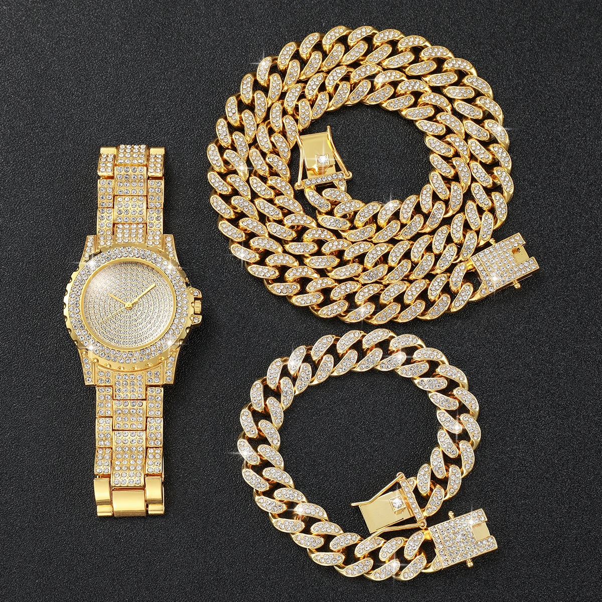 3 Pcs/Set Luxury Full Diamond Men's Watches Gold Steel Band Analog Watch Quartz Necklace Bracelet Set Men's Watch Qme