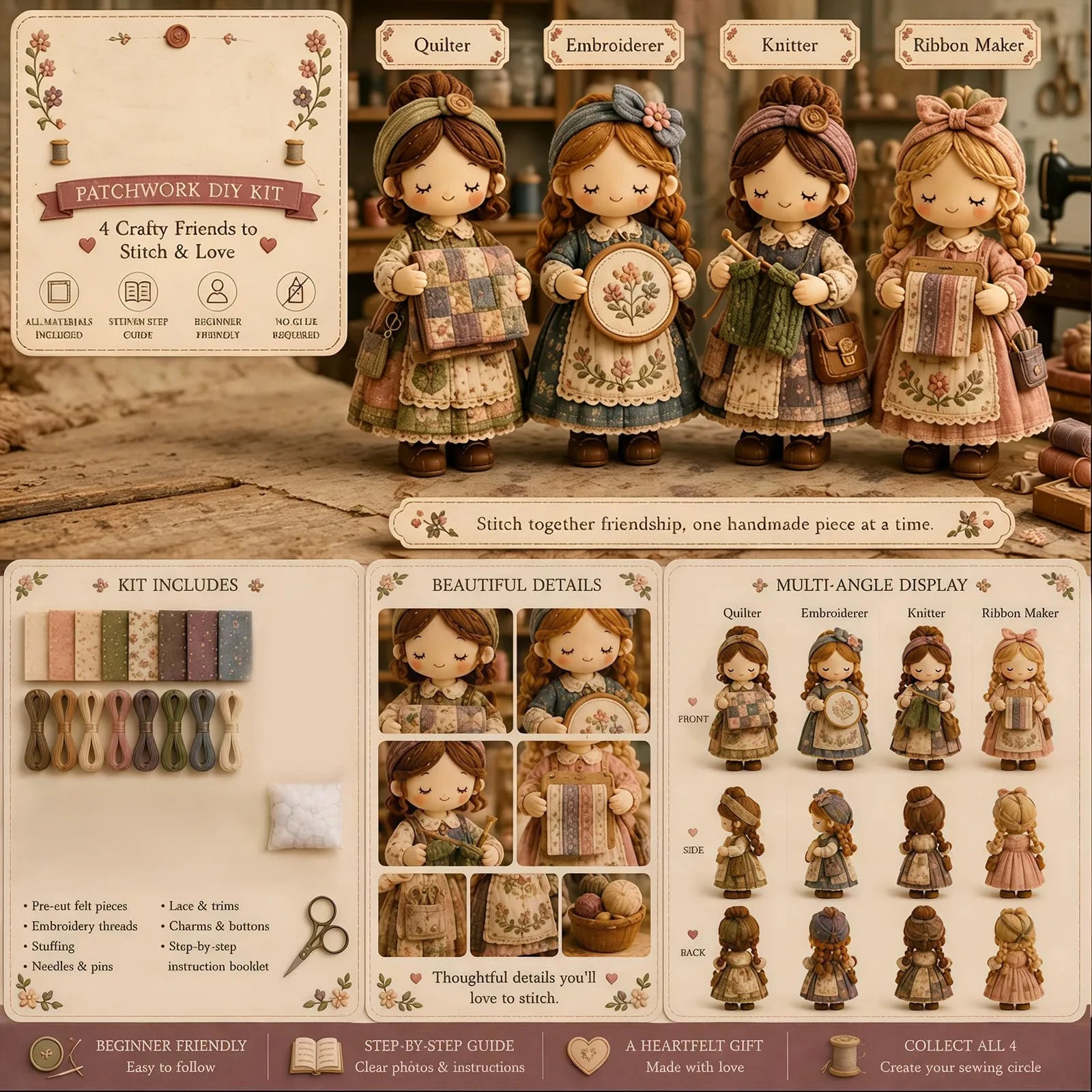 New Beautiful Girls Patchwork DIY Kit Handmade Felt Doll Sewing Craft for Beginner Includes All Materials Unique Gift Qme E One Size