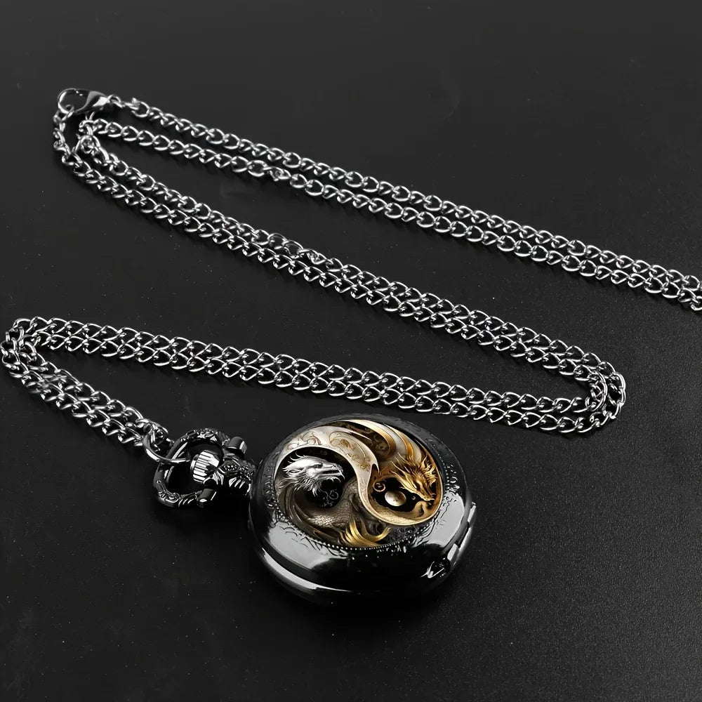 Retro Golden And Silvery Double Dragon Quartz Pocket Watch Qme