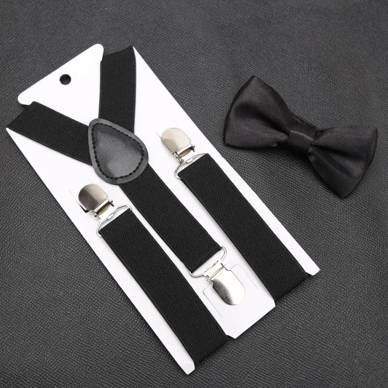 Kids Suspenders for Pants Bowtie Set Matching Tuxedo Suit Boy Girl Childs Black Adjustable Y-Back Brace Belt Wedding Accessories Qme black