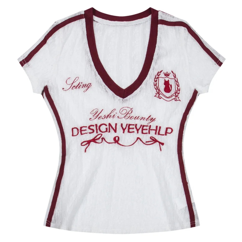 Micro Transparent V-neck T-shirt Short Sleeved Slim Fit Letter Qme White L
