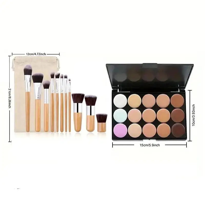 15 Colors Concealer Palette Shade Bamboo Handle Makeup Brushes Face Qme Set