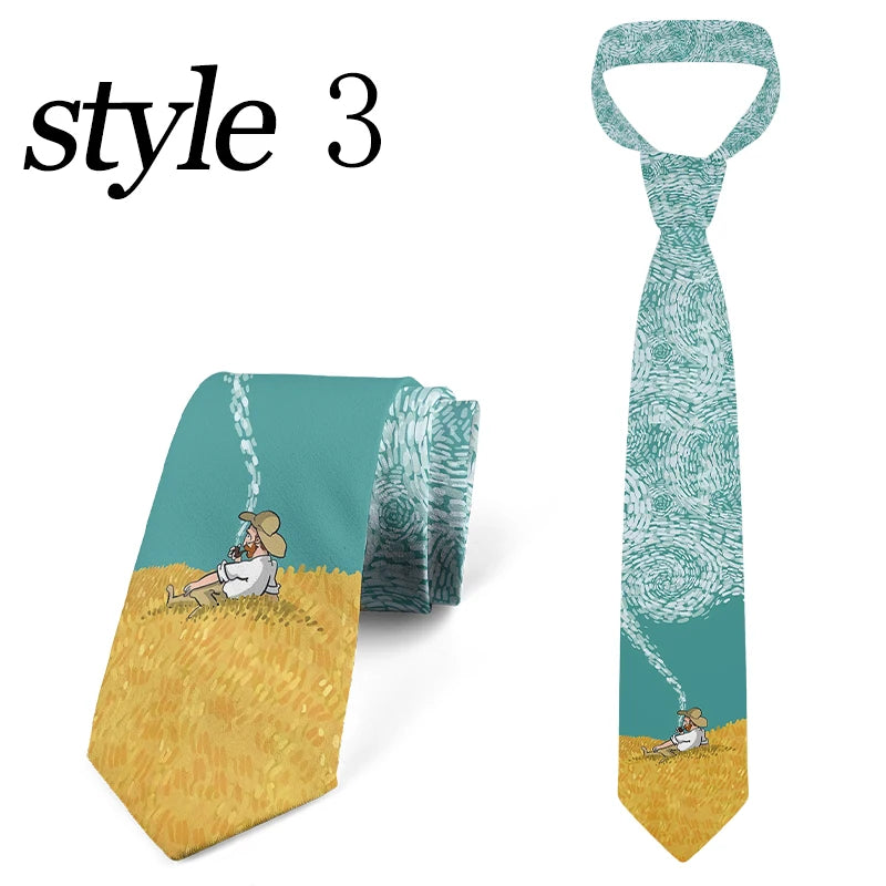 Classic Van Gogh Wide Fashion Oil Painting Tie Pastoral Sailing Print Qme
