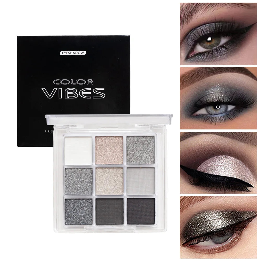 9 Colors Glitter Eyeshadow Palette Punk Smokey Cool Toned Eyeshadow Palette Dark Gray Black Nude Eye Pigments Makeup Qme