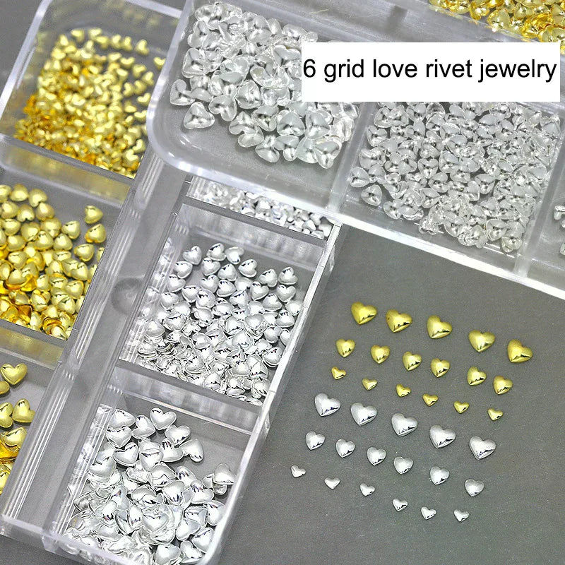 6Grids 3D Metal Heart Nail Art Charms Gold Silver Starlight Rivets Qme