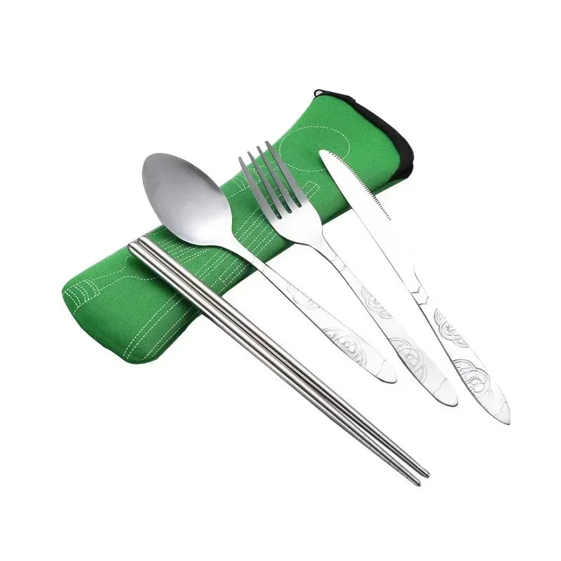 Portable Stainless Steel Cutlery Bag Spoon Fork Knife Chopsticks Qme