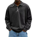 Men's Baggy Korean Style Leisure Daily Versatile Long Sleeves Flip Collar Pullover Shirt Fashion Solid Color Button Hoodies Qme Black XXXL