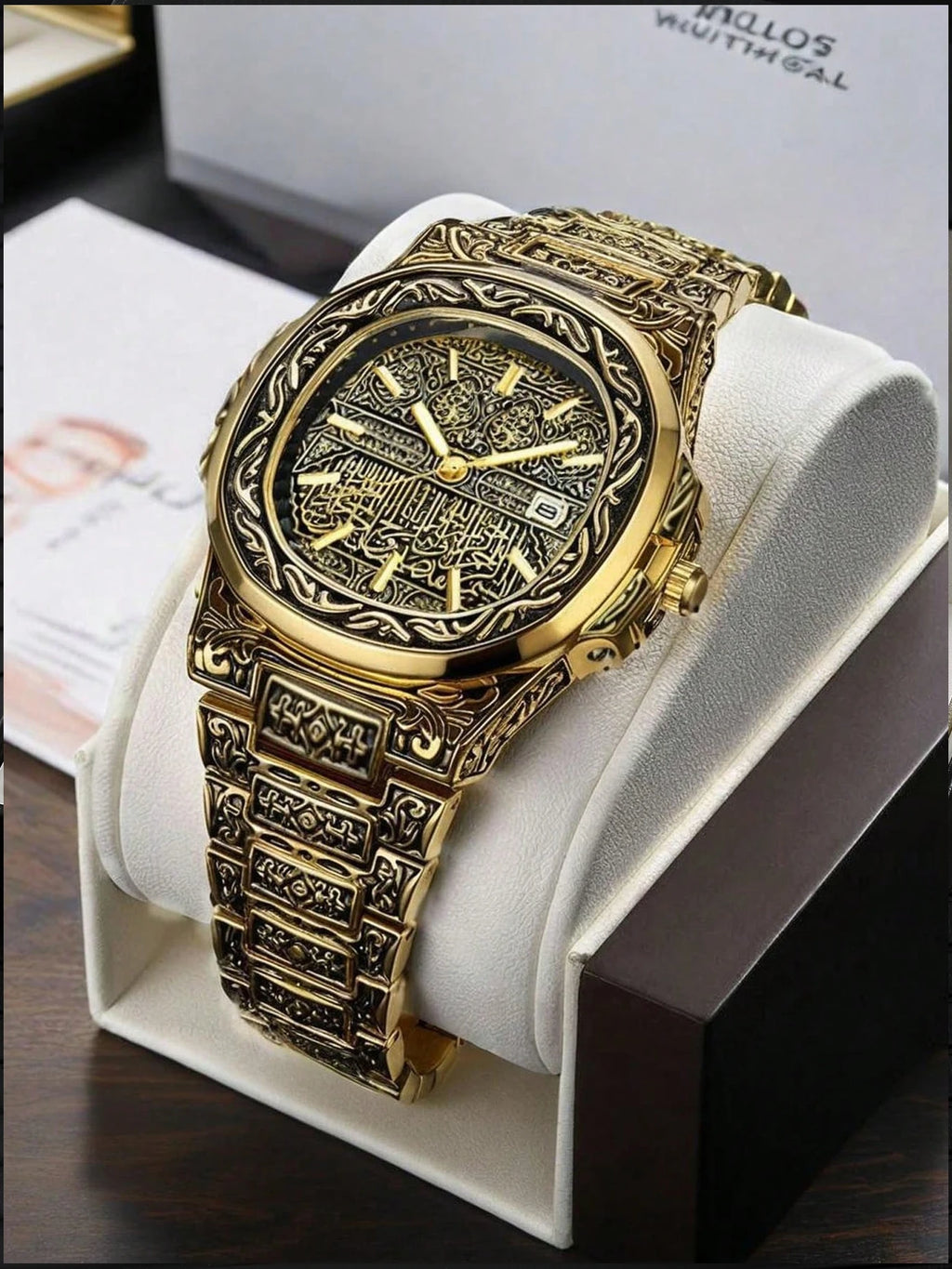 4Pcs Vintage Engraved Gold Men Watch Jewelry Set Qme