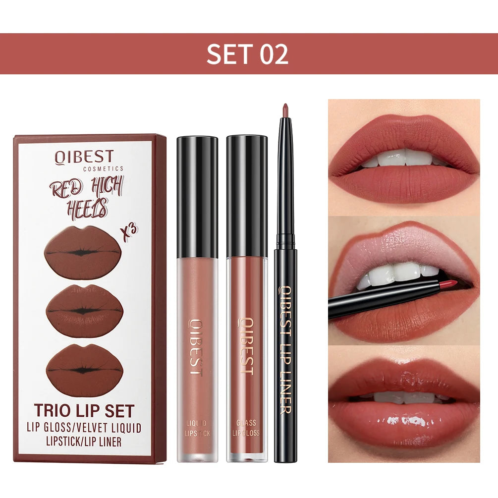 QIBEST Matte Liquid Lipstick&Lip Liner&Lip Gloss 3Pcs Sets Long Lasting Non-stick Cup Red Black Purple Lip Tint Cosmetics Kits Qme 02
