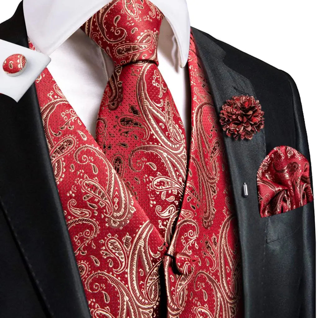 Mens Vests Jacquard Waistcoat Neck Tie Hanky Cufflinks Brooch Men Qme