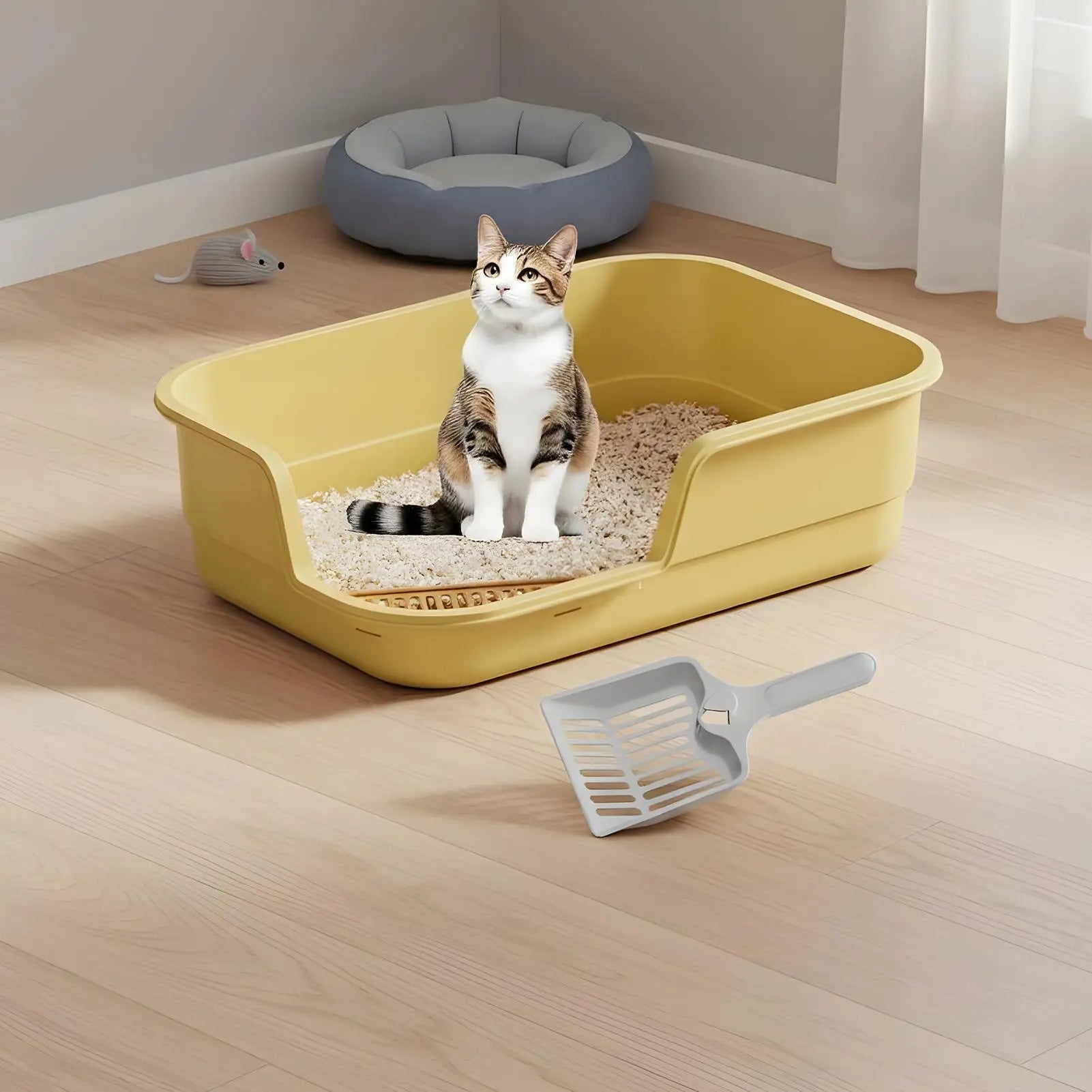 Cat Box Semi-Enclosed Easy Clean with Scoop Open Top Semi Enclosed Litter Box for Cleaning Odor Control Indoor Office Dorm Qme