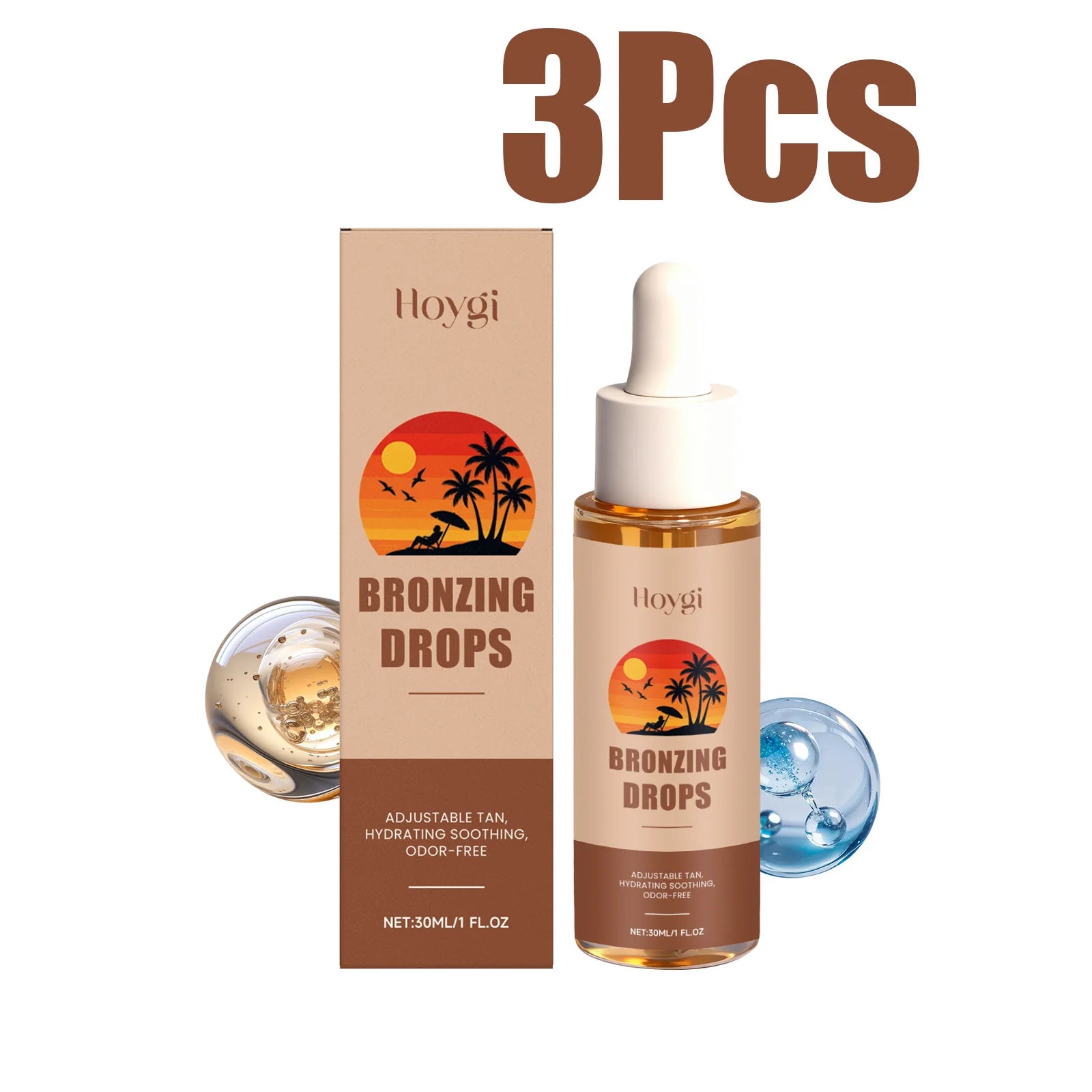Sunless Tanning Drops Bronzing Drops for Face Gradual Natural-Looking Tan Mixable with Moisturizer Hydrating & Nourishing Vegan Qme 3 x 30ml Boxed