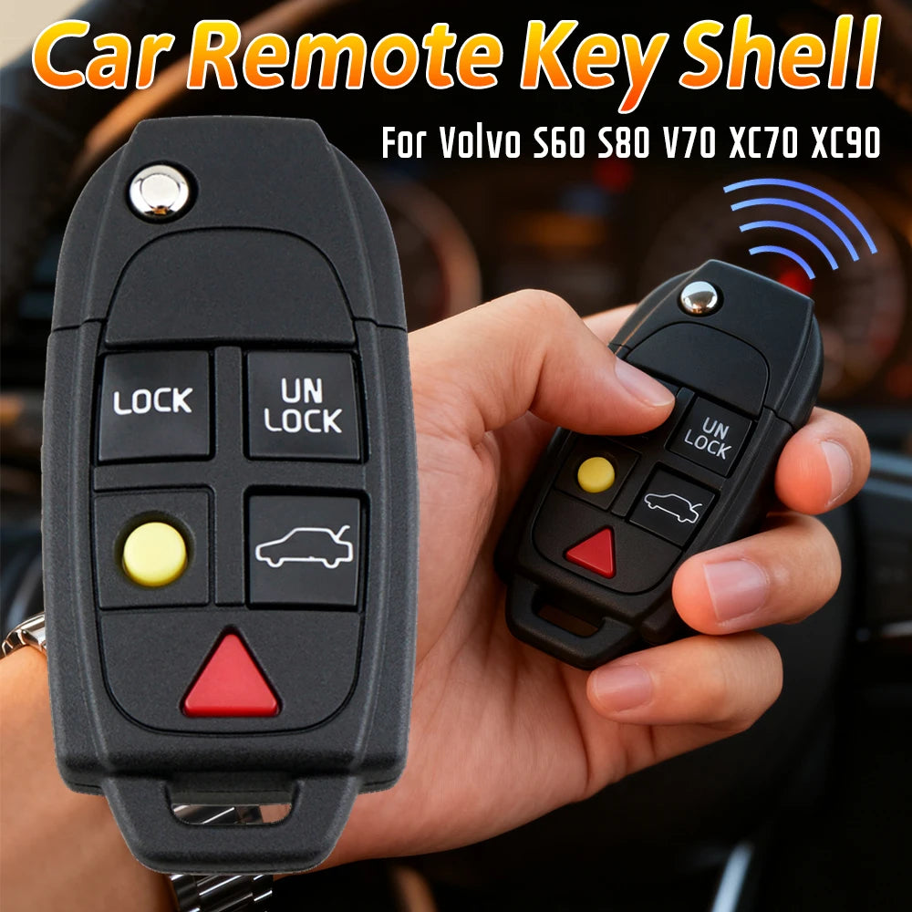 Car Remote Key Shell Replacement 5 Buttons Flip Folding Key Fob Case Black for Volvo S60 S80 V70 XC70 XC90 Qme