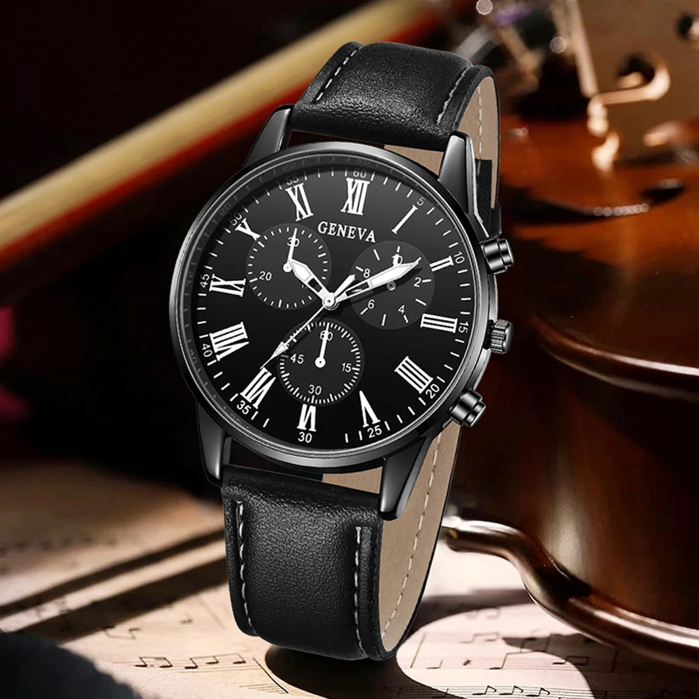 4Pcs Spear Arrow Men Watch Jewelry Set Black Leather Chronograph Wristwatch Cuban Leather Bracelet Arrow Necklace Ring Gift For Qme
