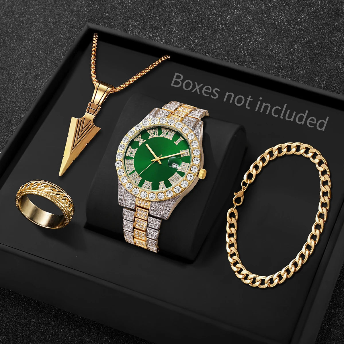 Men Iced Watch 4Pcs Jewelry Set Spear Pendant Necklace Ring Cuban Bracelet Qme Green D Without Box