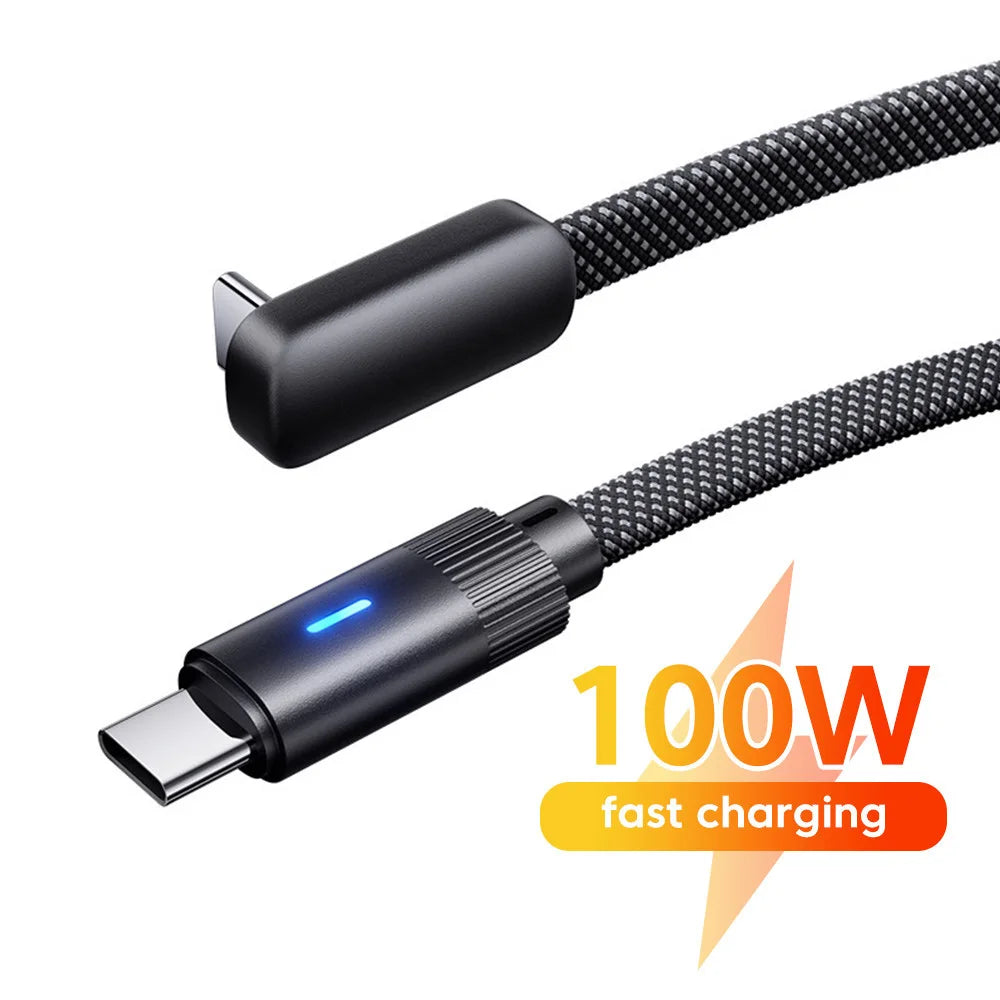 100W 90°Single-Bend Dual Type-C Fast-Charging Data Line PD Braided Nylon Cable With Flat Design For Samsung S23 Huawei Realme Qme