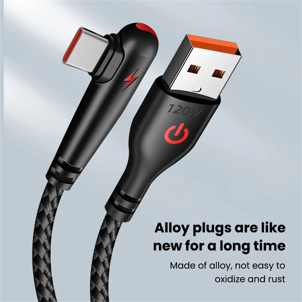 USB To Type C 6A 120W Fast Charge Cable PD Quick Charging Chargers Cord 0.25m/1m/1.5m/2m 90 Degree Elbow USB-C Braided Data Wire Qme