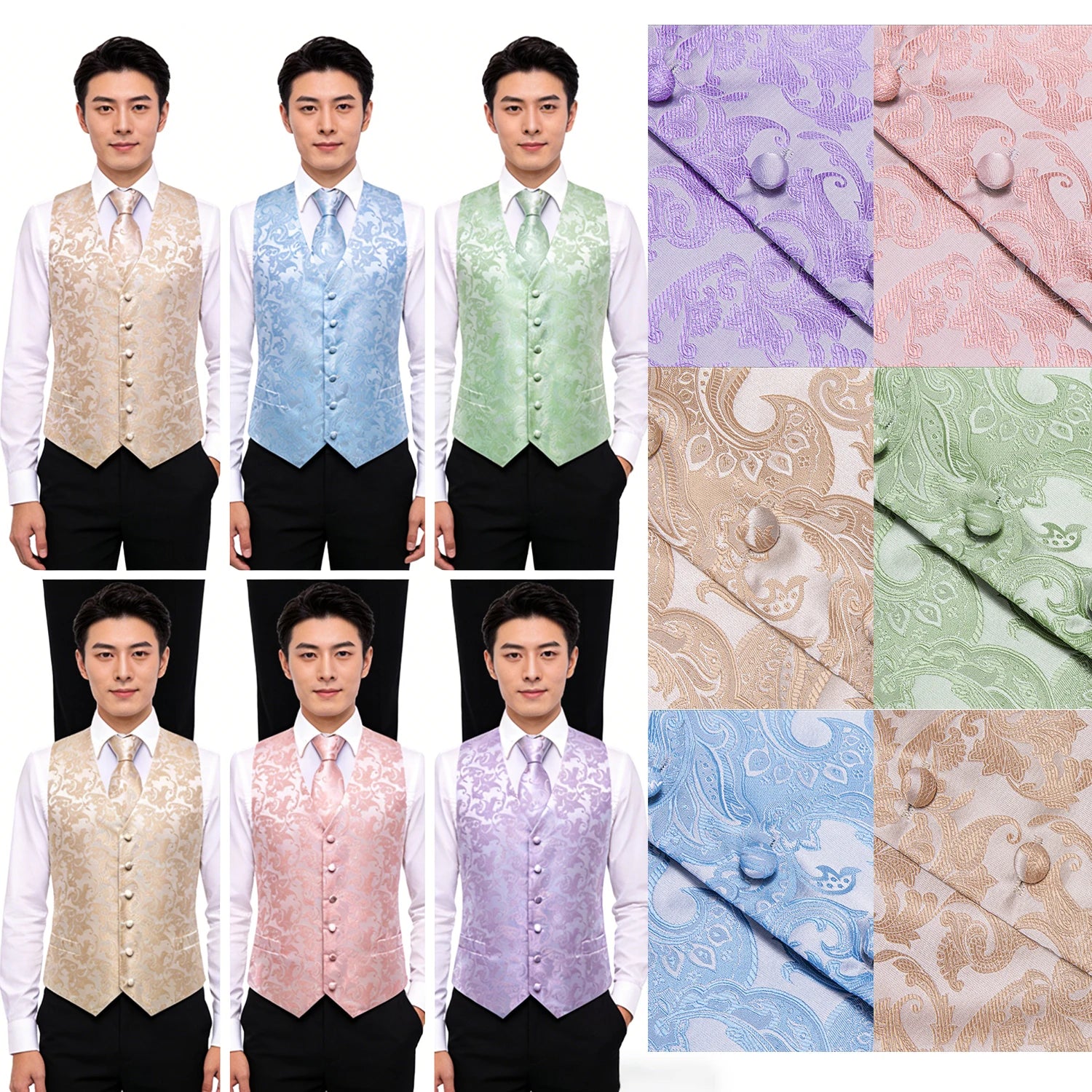 Men's Pastel Paisley Jacquard Vest Matching Tie 6 Soft Options Qme