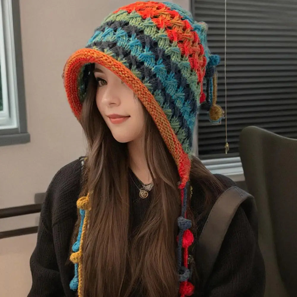 NEW Colorful Rainbow Striped Knit Wool Beanie Hat For Women Winter Warm Crochet Ear Protection Cap Female Snow Windproof Bonnet Qme