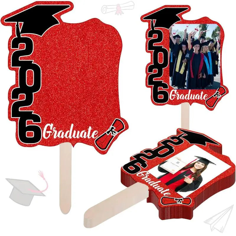 12Pcs Class Of 2026 Grad Photo Props Blank DIY Photo Frame Graduation Party Souvenirs Graduation Cutout Face Fans With Handle Qme Red