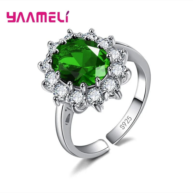100% Authentic 925 Sterling Silver Color Women Wedding Engagement Jewelry Ring Classic Oval Flower Shiny Cubic Zircon Crystal Qme Green