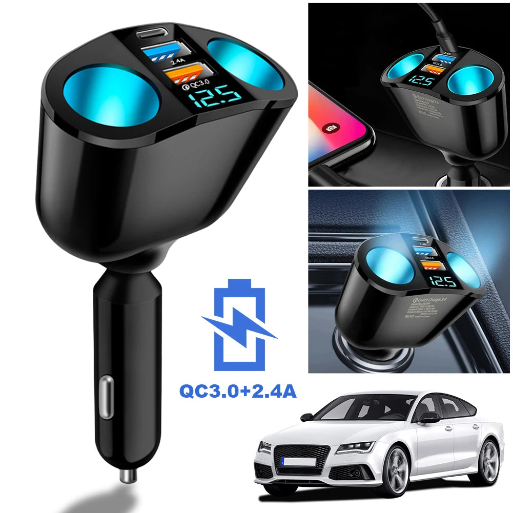 Car Cigarette Lighter Socket Splitter PD QC3.0 12V-24V Auto Cigarette Lighter Adapter Blue Atmosphere Light for Mobile Phone DVR Qme