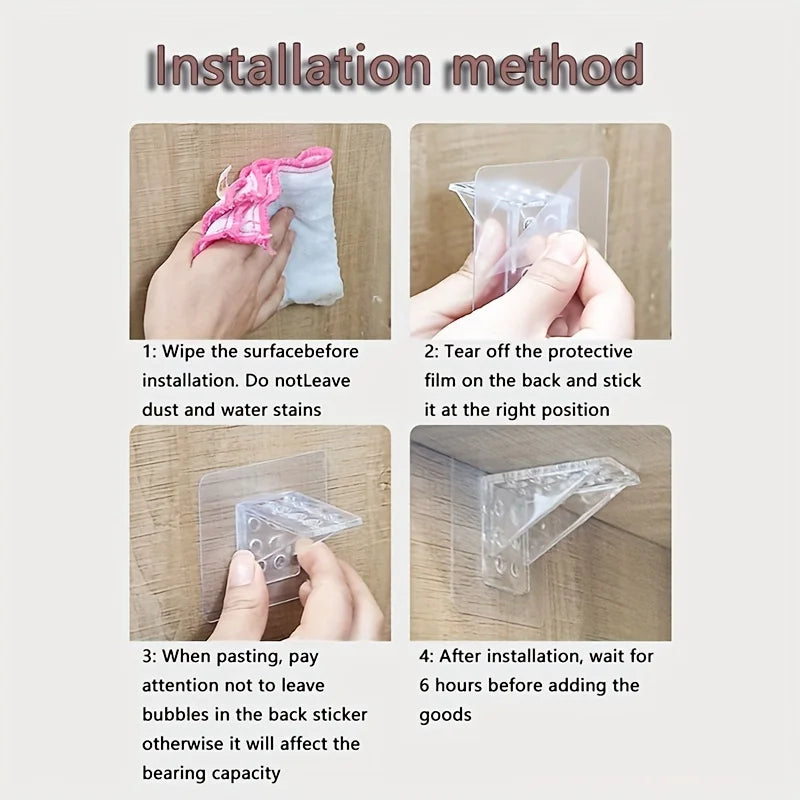 Punch Free Clear Acrylic Shelf Support Brackets, Adhesive Layer Board Holders for Wardrobe Cabinet Qme