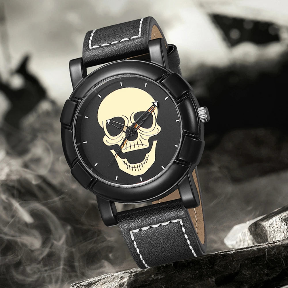 4PCS/SET Men's Watch Fashion Trend Halloween Elements Round Dial Quartz Watch Bracelet Necklace Ring Set Perfect Holiday Gift Qme