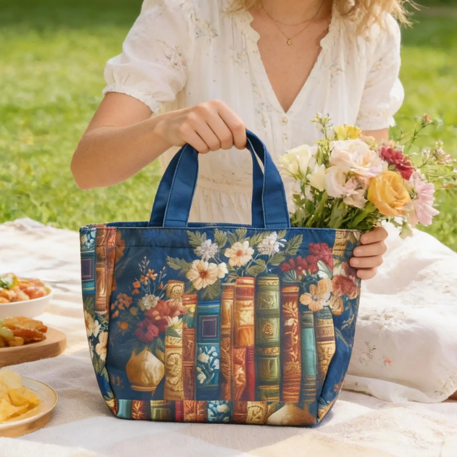 Quilted Tote Bag for Women Book Floral Design Purse Vintage Shoulder Bag for Women for Teacher Students School College Work Qme