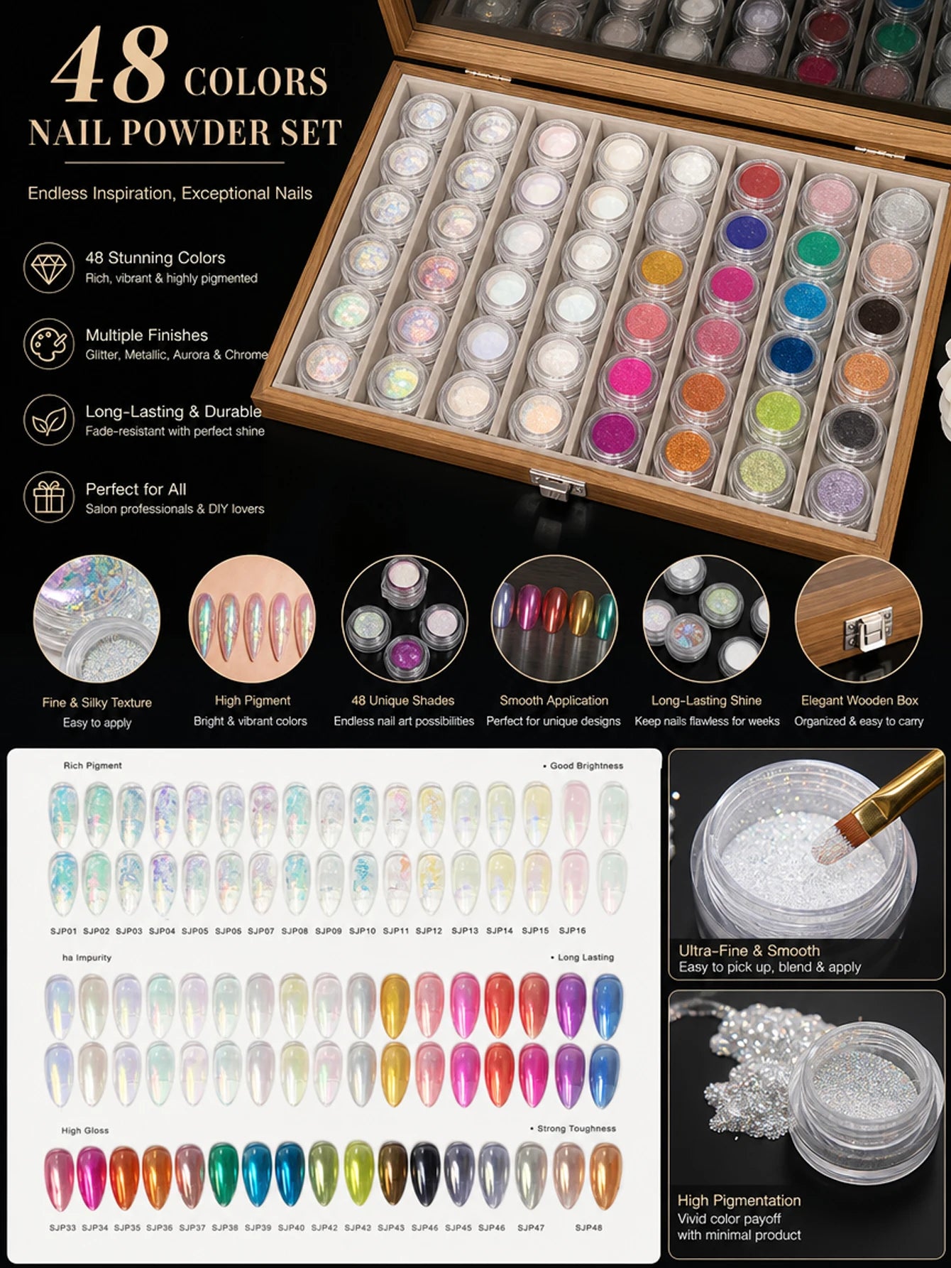 48-color Premium Aurora Ice-clear Nail Powder Includes Cards Storage Qme