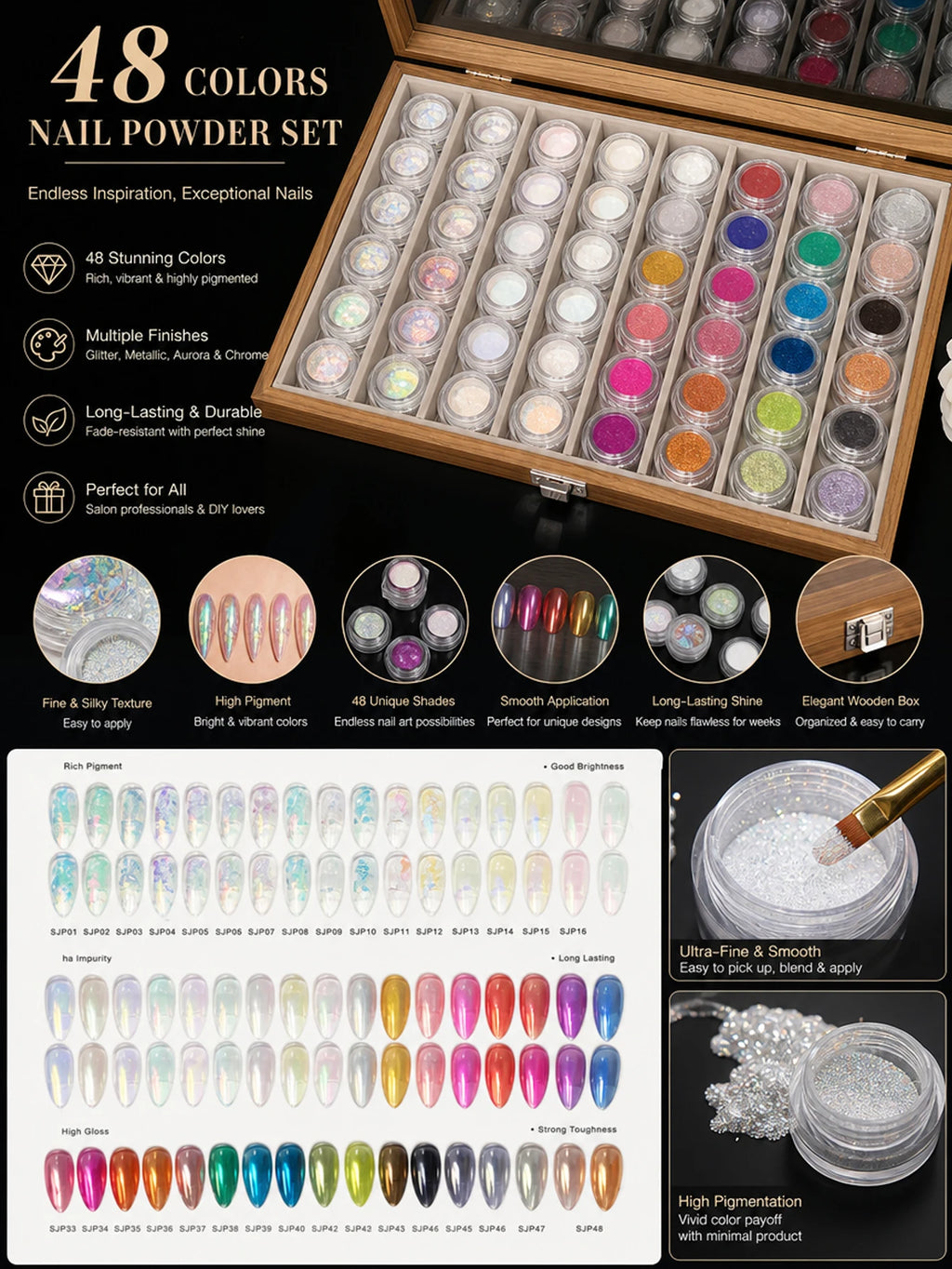 48-color Premium Aurora Ice-clear Nail Powder Includes Cards Storage Qme