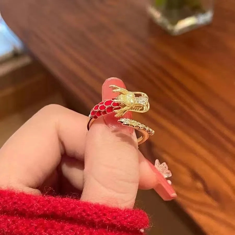 Niche Golden Dragon Shaped Gold Electroplating Attraction Open Ring Lucky Realistic Light Luxury High End Adjustable Jewelry Qme resizable Gold
