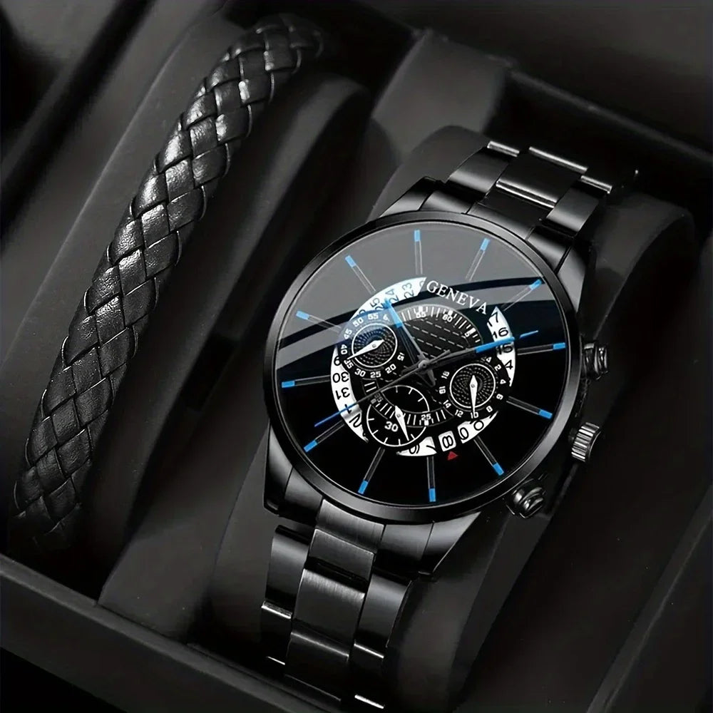 1pc Men's Round Dial Quartz Watch With Stainless Steel Strap & 1pc Bracelet Men's Accessories Qme Black Blue No
